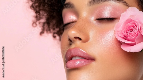 Obraz na płótnie Rose bloom woman with closed eyes, glossy lips and pink eyeshadow portrait image closeup. Skincare glow close-up photography human scene. Beauty fashion concept photo-realistic w salonie