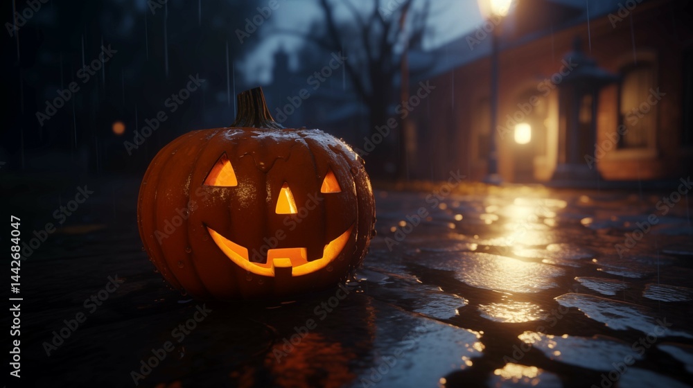 Fototapeta premium Halloween & Spooky: Candle-lit Jack-o’Lantern on wet pavement, freshly carved pumpkin glowing from within, rain droplets beading on its surface