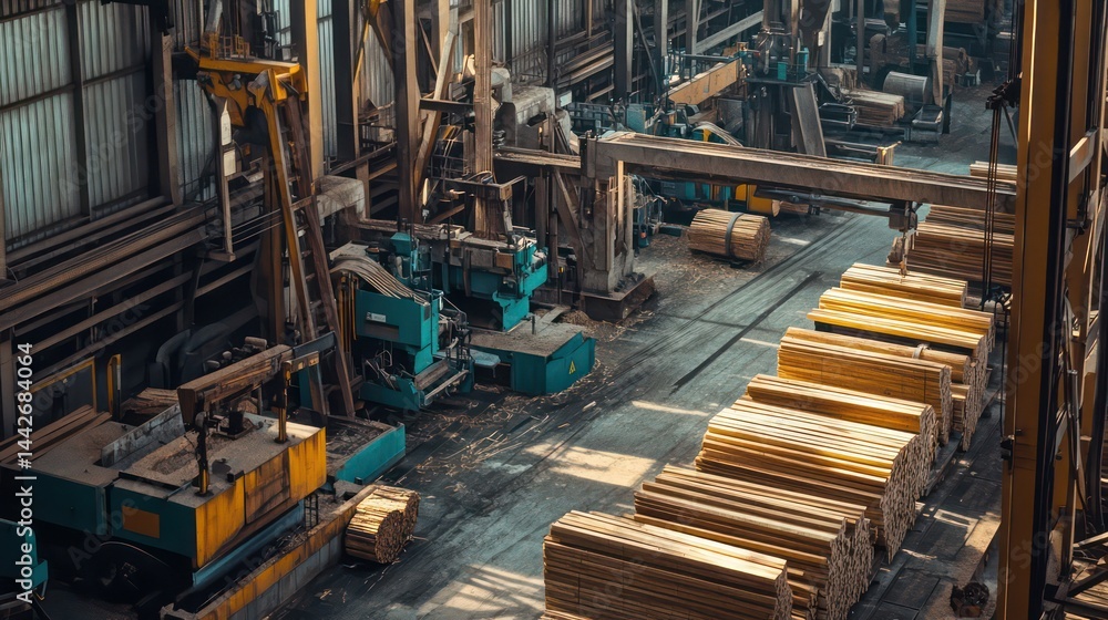Fototapeta premium Lumber awaits processing in factory interior