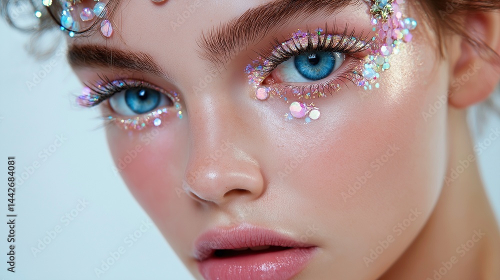 Dreamy woman with crystals around eyes, sparkling lashes and blush portrait image closeup. Fantasy face close-up photography human scene. Fairytale elegance concept photo-realistic