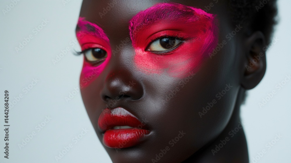 Black female model with expressive eyes, red lips, painted face portrait image closeup. Statement makeup close-up photography human scene. Bold artistic fashion concept photo-realistic
