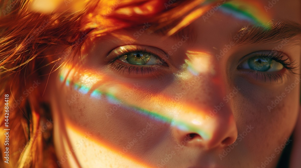 Rainbow reflections play across red-haired woman skin portrait image closeup. Prism colors, green eyes gaze close-up photography human scene. Dreamy expression concept photo-realistic
