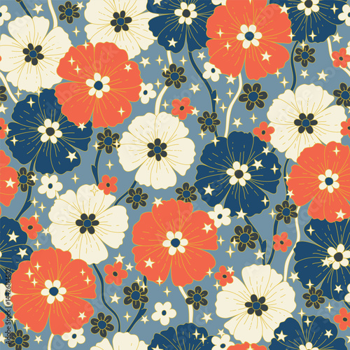 Retro style vector seamless pattern. Artistic floral background. Nostalgic vintage groovy allover print. Decorative fabric and surface pattern design with hand drawn simple flowers.