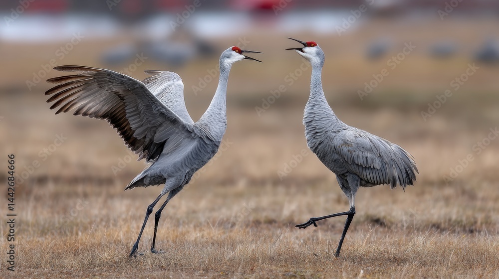 Fototapeta premium Sandhill Crane Display: Mating Ritual in Open Field