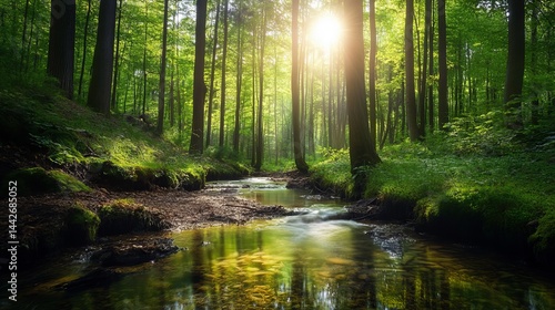 Fototapeta Naklejka Na Ścianę i Meble -  Serene forest stream sunlight green trees nature landscape peaceful eco day path calm lush moss bank
