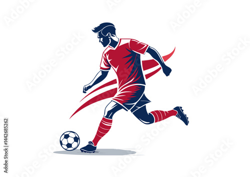Vector illustration captures a dynamic soccer player in motion, wearing red jersey and shorts. Athlete is in mid-kick, showcasing energy and athleticism highlighting the sport’s passion and intensity
