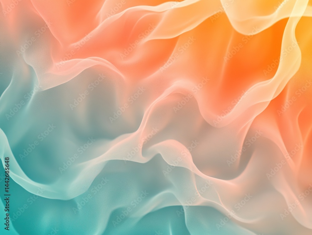 Fototapeta premium Abstract background featuring flowing, ethereal translucent waves resembling smoke or sheer fabric in soft pastel orange and teal blue hues.