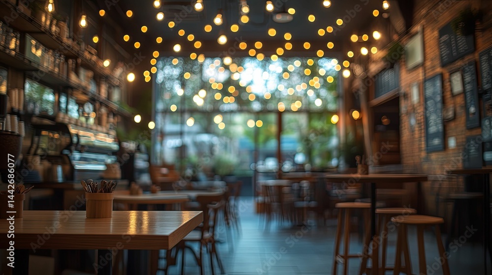 Interior view of a dimly lit cafe with warm lighting. Interior view of a dimly lit cafe with warm lighting.
