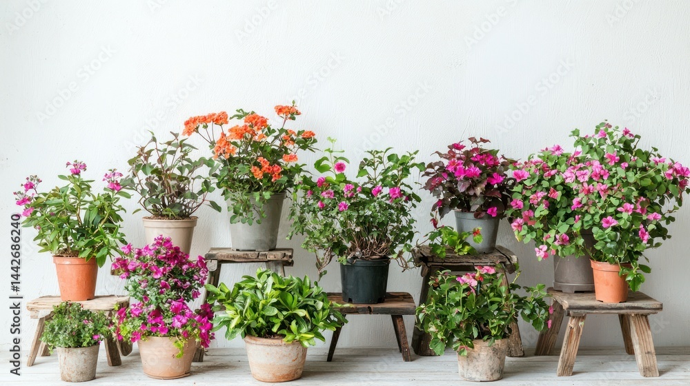 Fototapeta premium Variety of flowering indoor plants on wooden stools on white background.