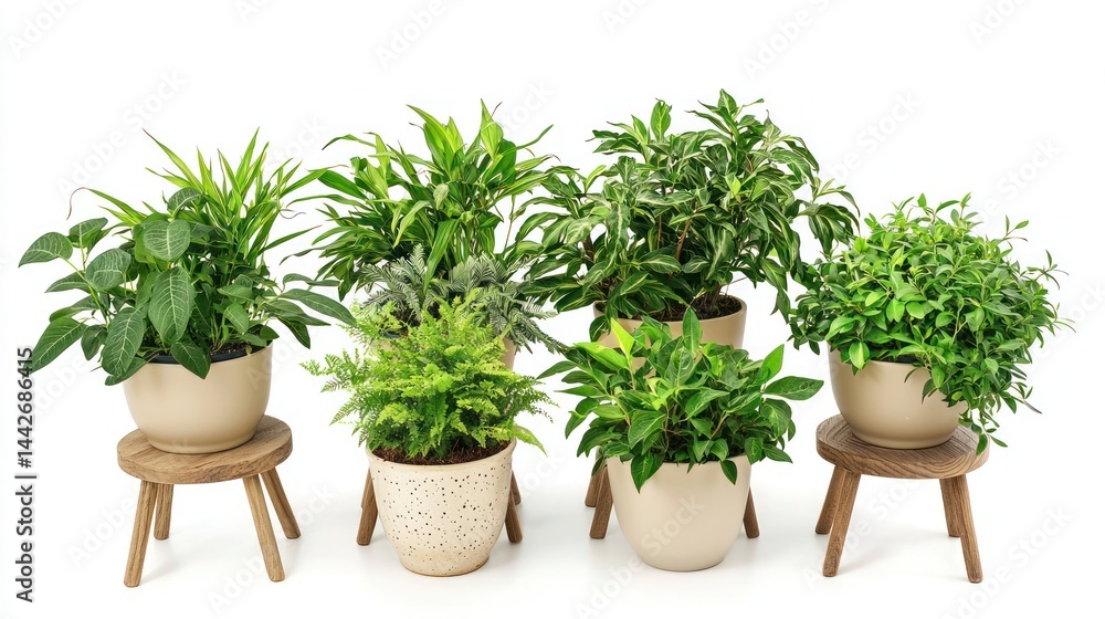 Fototapeta premium Variety of lush green plants on wooden stools with neutral ceramic pots on white background.