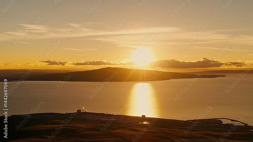 Obraz premium Island Sunset, Coastal City, Golden Hour, Aerial View