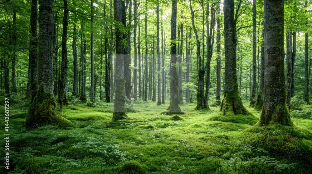 Obraz premium Vibrant green forest with thick tree trunks, moss, and lush vegetation on white background.