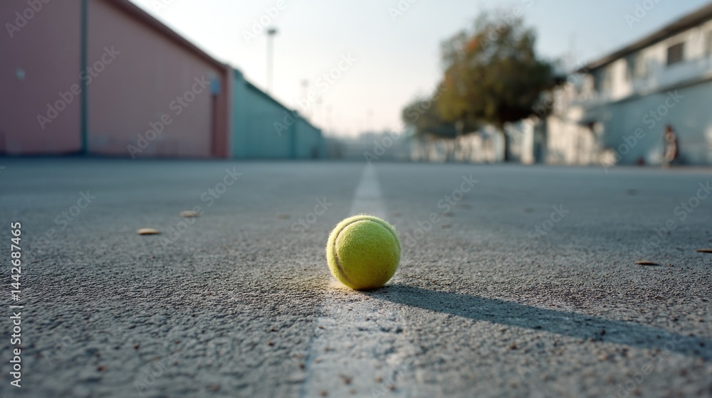A vibrant tennis ball lies on the court, casting a shadow as the sun begins to set. The atmosphere is calm, with distant structures hinting at an active outdoor venue, alive with energy
