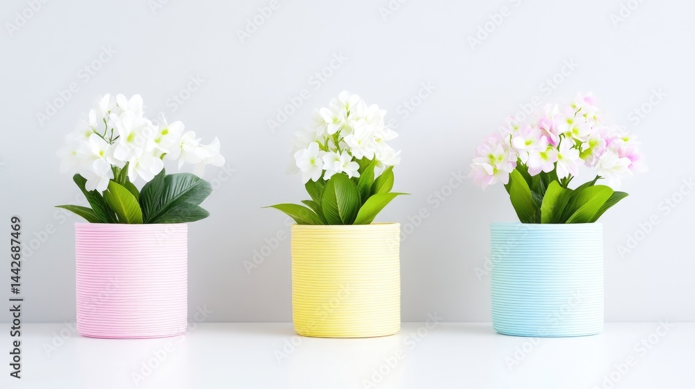Fototapeta premium Three small potted plants in pastel colors