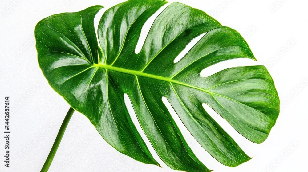 Fototapeta premium Vibrant monstera leaf with slight browning on white background