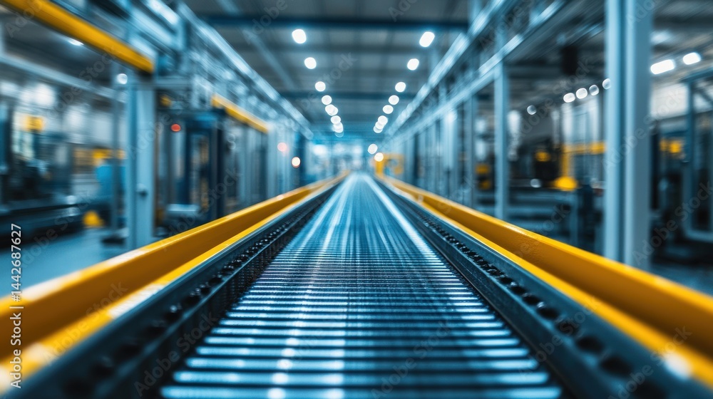 Fototapeta premium Conveyor belt system in a factory or industrial setting with bright lighting.