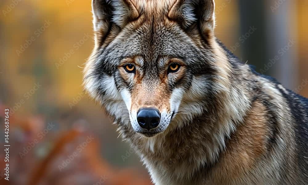 Detailed Eastern Wolf Portrait With Snow Flecks And Intense Orange Eyes Fall Colors In The Background Focused Gaze Detailed Eastern Wolf Portrait With Snow Flecks And Intense Orange Eyes Fall Colors In The Background Focused Gaze
