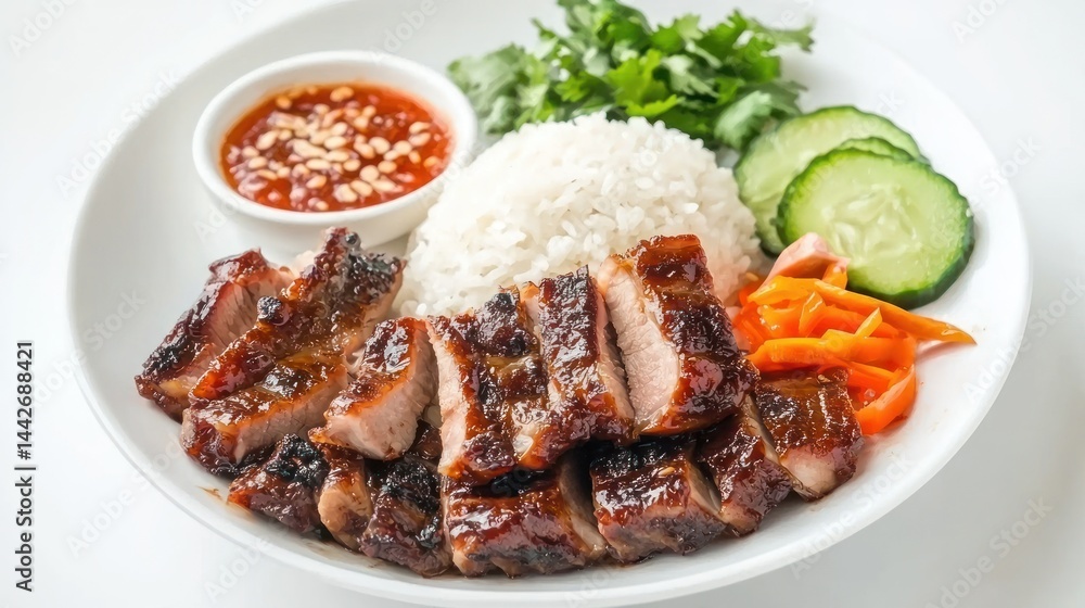 Vietnamese BBQ pork with sticky rice and pickled vegetables on white background. Vietnamese BBQ pork with sticky rice and pickled vegetables on white background.