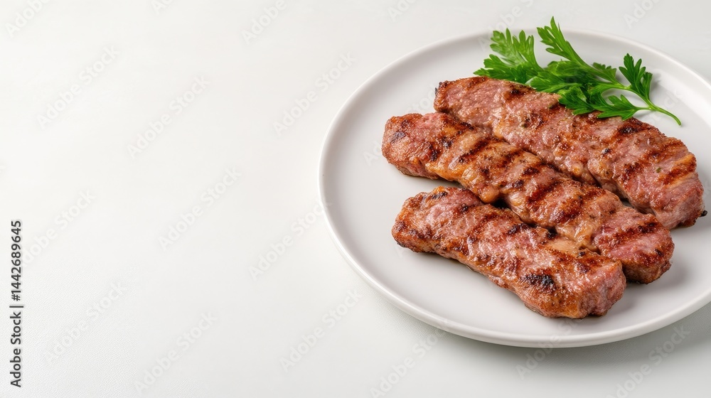 Grilled meat skewers on white plate with fresh parsley garnish, close-up view on light background, and appetizing and succulent texture. Grilled meat skewers on white plate with fresh parsley garnish, close-up view on light background, and appetizing and succulent texture.