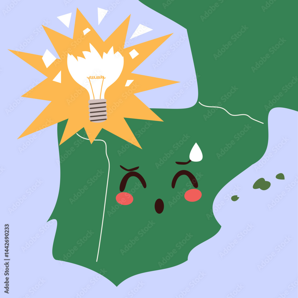 Cartoon of an anthropomorphic Spain map character with a broken light bulb and worried face, symbolizing an energy blackout or power crisis Cartoon of an anthropomorphic Spain map character with a broken light bulb and worried face, symbolizing an energy blackout or power crisis