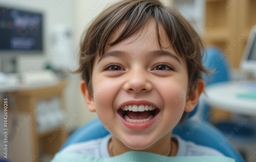 Happy child smiling in dental office, showcasing joy and comfort during dental visit Happy child smiling in dental office, showcasing joy and comfort during dental visit
