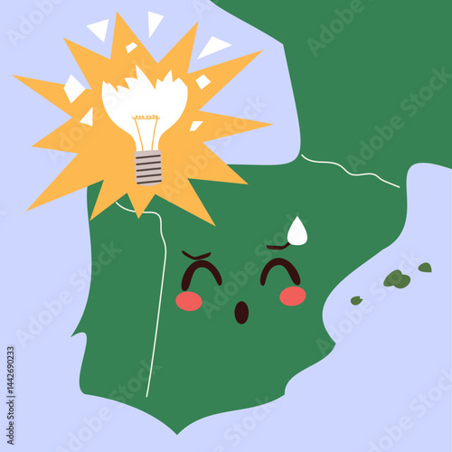 Cartoon of an anthropomorphic Spain map character with a broken light bulb and worried face, symbolizing an energy blackout or power crisis