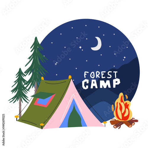 Сamping vector illustration. Outdoor lifestyle. Mountain and forest adventure poster in retro hipster style. Hand drawn emblem designs for shirts, stamps, stickers, logos and labels