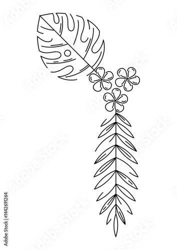 Corner with stylized palm leaves. Decorative image of tropical foliage and plants.