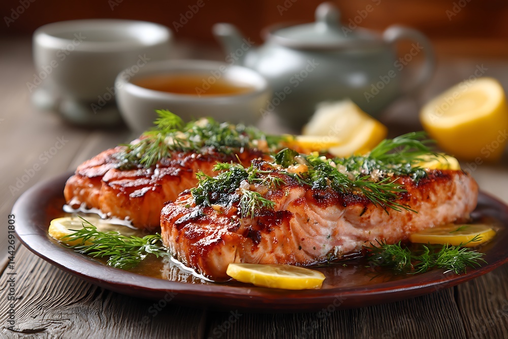 Grilled salmon glazed with honey garlic sauce, garnished with fresh dill and lemon slices, set on a rustic wooden table, creating a cozy kitchen atmosphere perfect for a comforting meal. Grilled salmon glazed with honey garlic sauce, garnished with fresh dill and lemon slices, set on a rustic wooden table, creating a cozy kitchen atmosphere perfect for a comforting meal.