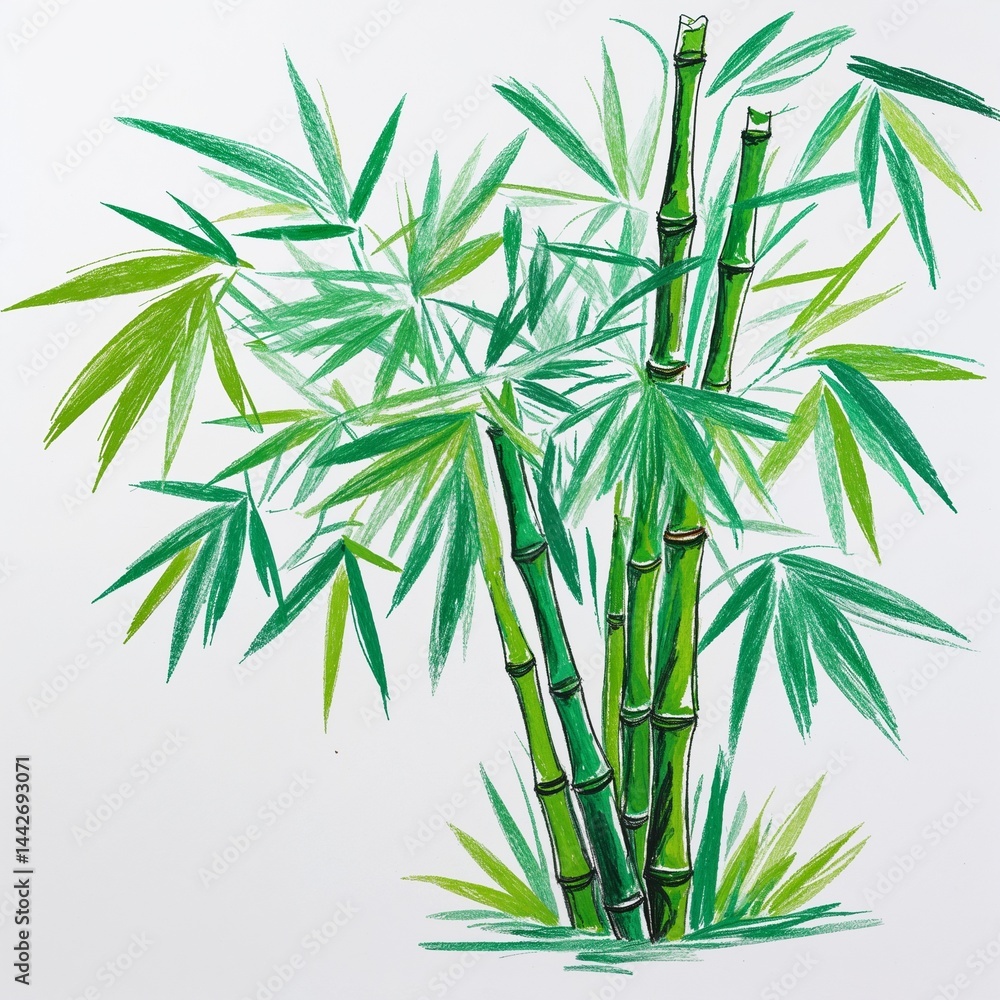 Fototapeta premium Green bamboo leaf crayon childish sketch drawing on plain white background