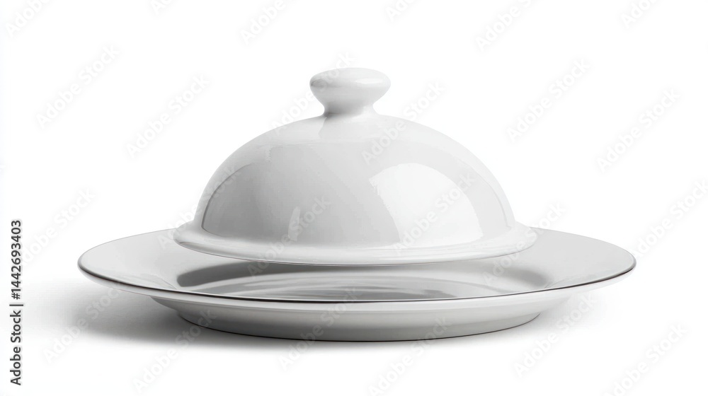 Fototapeta premium White ceramic serving cloche lifted over a matching white plate on white background.