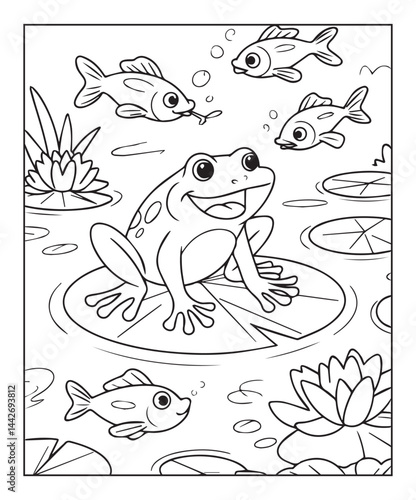 Cute frog playing with fish in pond water coloring page for kids, black line art vector illustration on white background