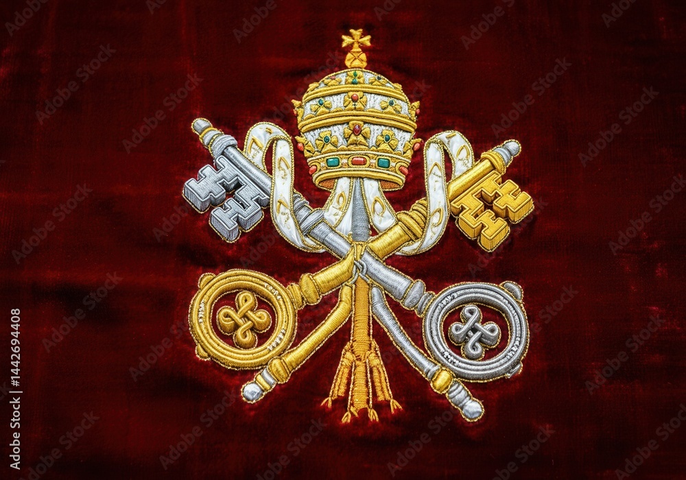 Embroidered Vatican insignia with papal tiara and crossed keys on velvet background