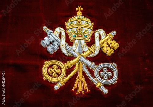 Embroidered Vatican insignia with papal tiara and crossed keys on velvet background