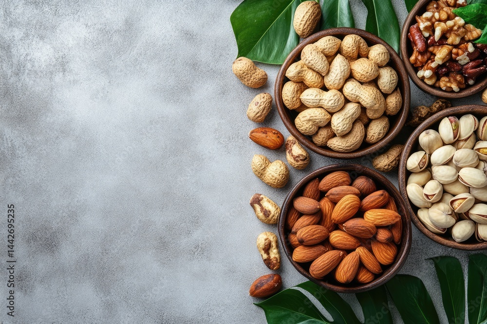 Various nuts in bowls creating a healthy and delicious snack arrangement