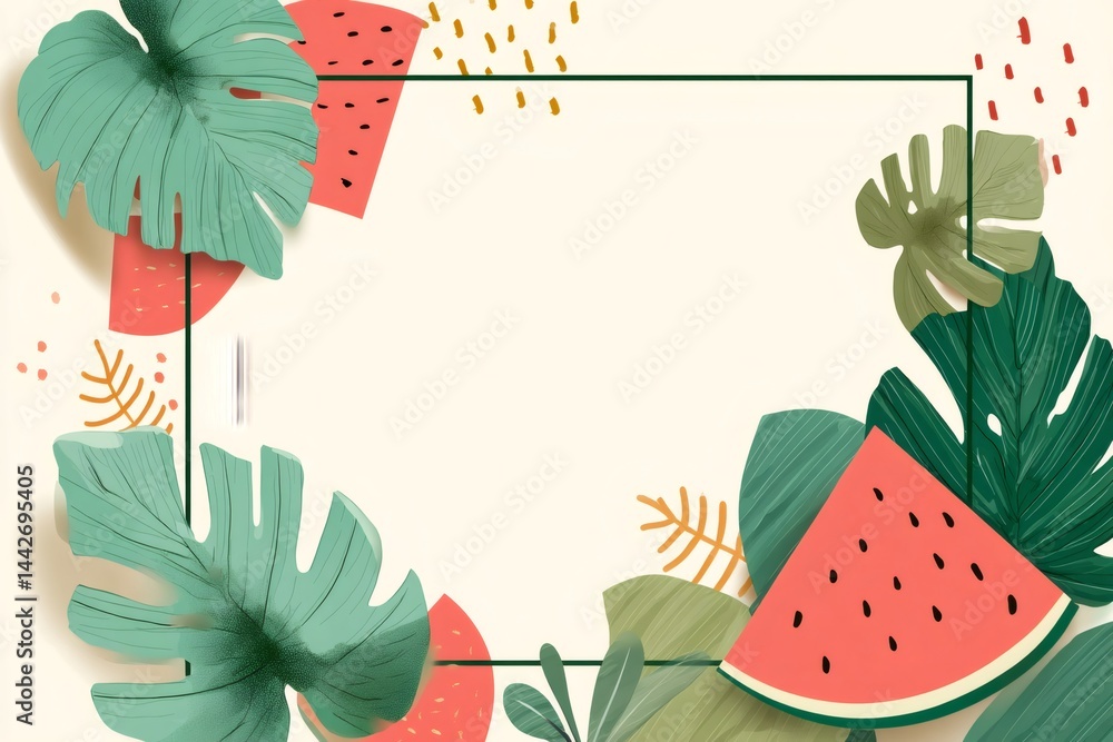 Tropical summer frame with watermelon slices and monstera leaves