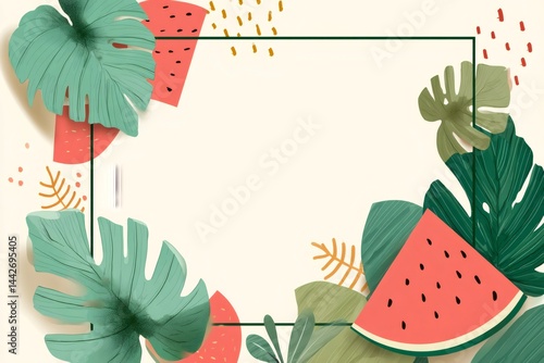 Obraz na płótnie Tropical summer frame with watermelon slices and monstera leaves w salonie