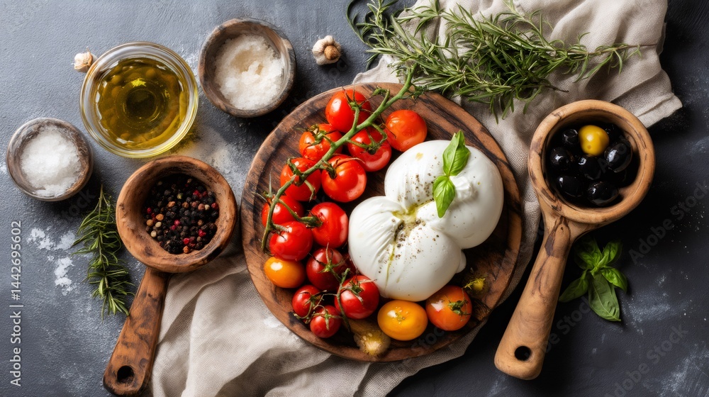 Fresh burrata cheese composition with cherry tomatoes and olives on rustic background
