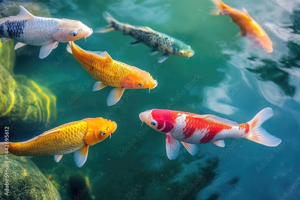 Colorful koi fish swimming in a pond