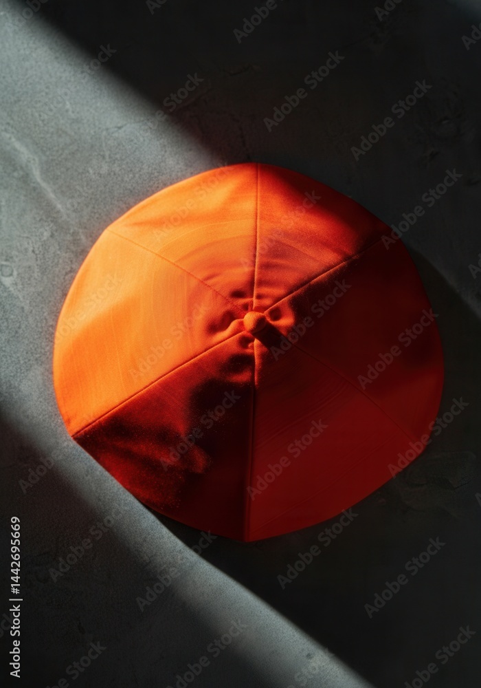 Cardinal's scarlet wool biretta (square cap) on a cool gray stone surface, symbolizing the authority and tradition of the College of Cardinals.