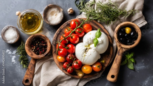 Obraz na płótnie Fresh burrata cheese composition with cherry tomatoes and olives on rustic background w salonie