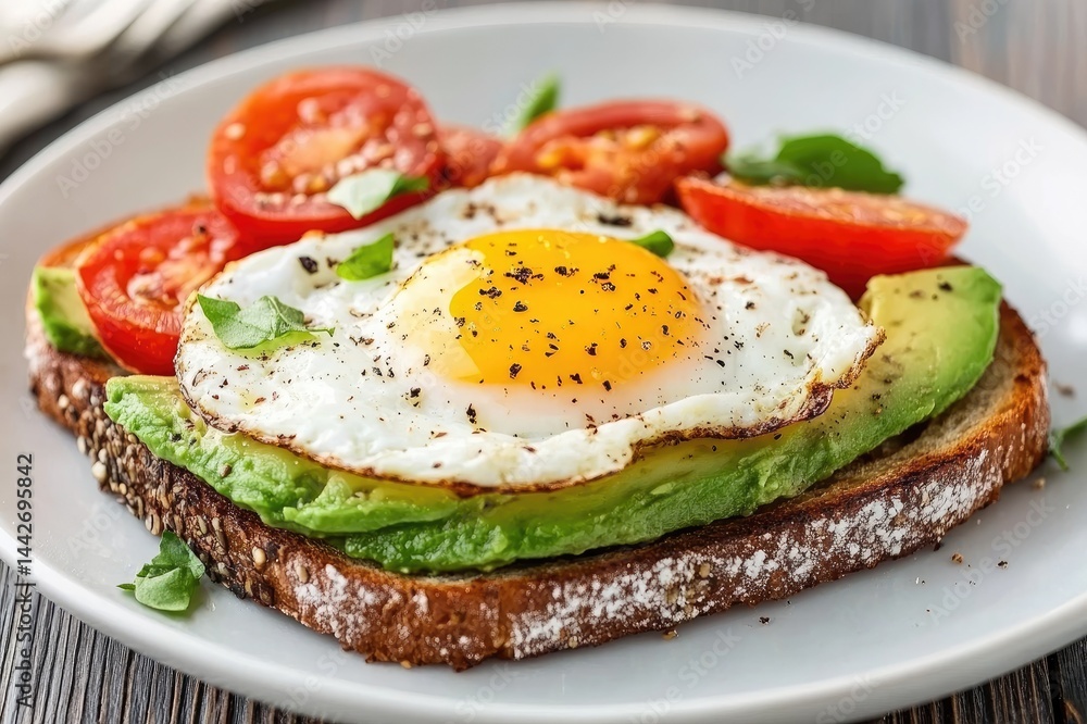 Healthy toast with fried egg, avocado and cherry tomatoes for breakfast