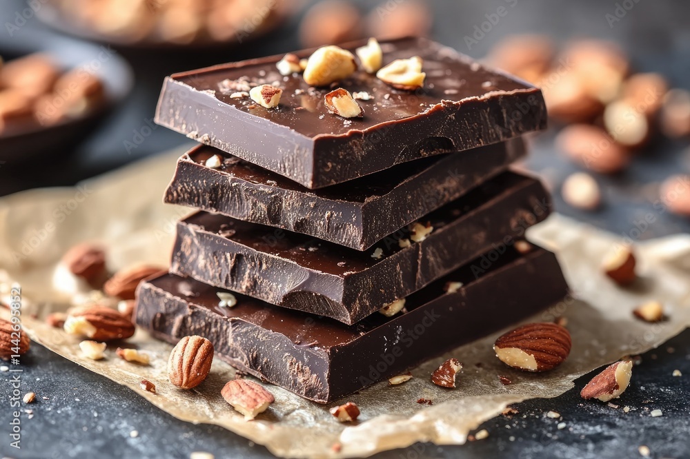 Stack of dark chocolate chunks with almonds and hazelnuts on dark background