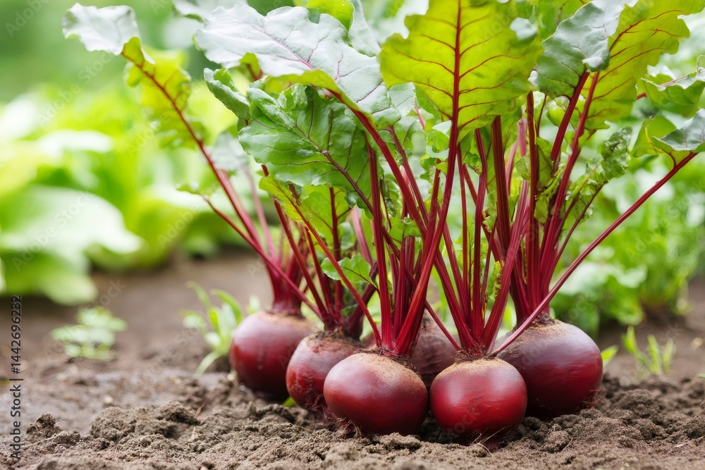 Young beetroots growing in vegetable garden