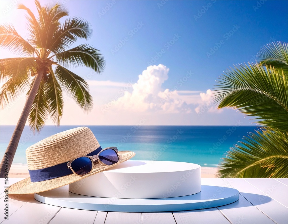 Holiday product background with beach podium, palm trees, sea, hat and sunglasses