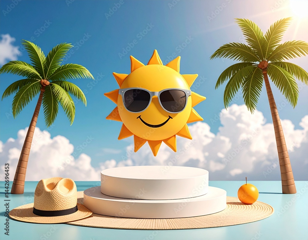 Holiday product background with sun in sunglasses floating above podium surrounded by palm trees