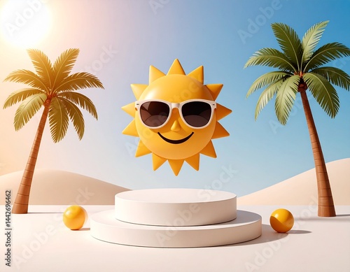 Obraz na płótnie Holiday product background with sun in sunglasses floating above podium surrounded by palm trees w salonie