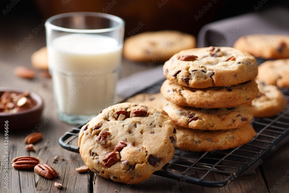 Freshly baked chocolate chip pecan cookies cooling on wire rack with milk