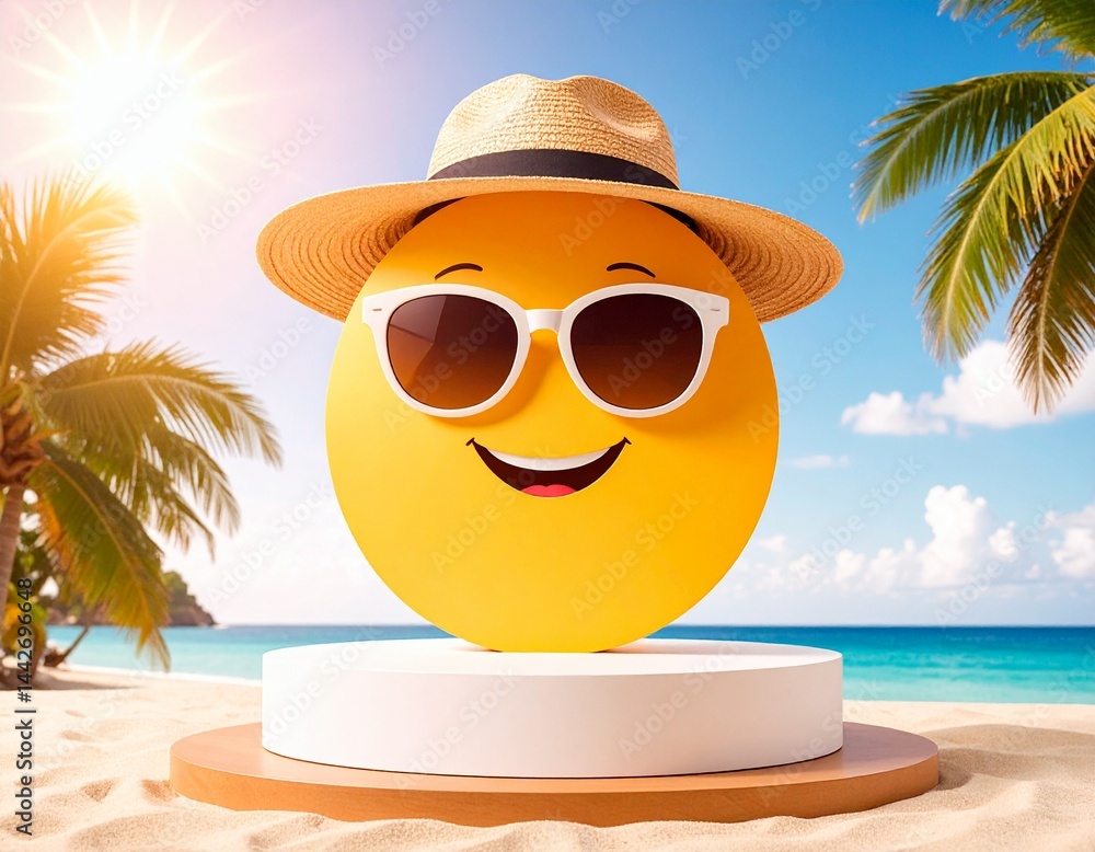 Holiday product background with podium, beach, palm trees and sun in hat and sunglasses