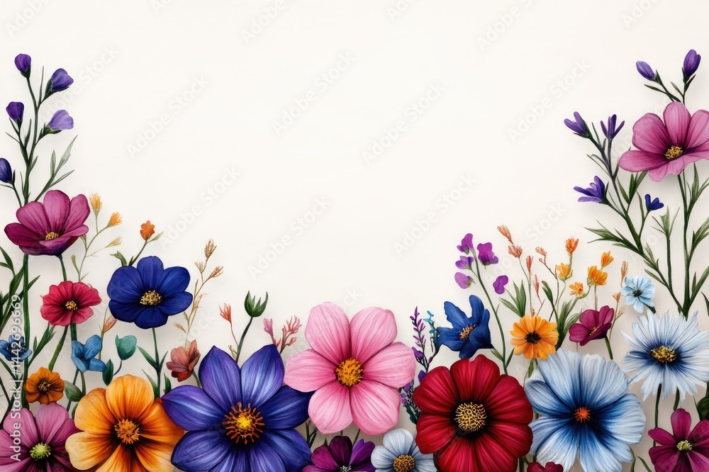 Colorful cosmos flowers creating a vibrant floral border on white background
